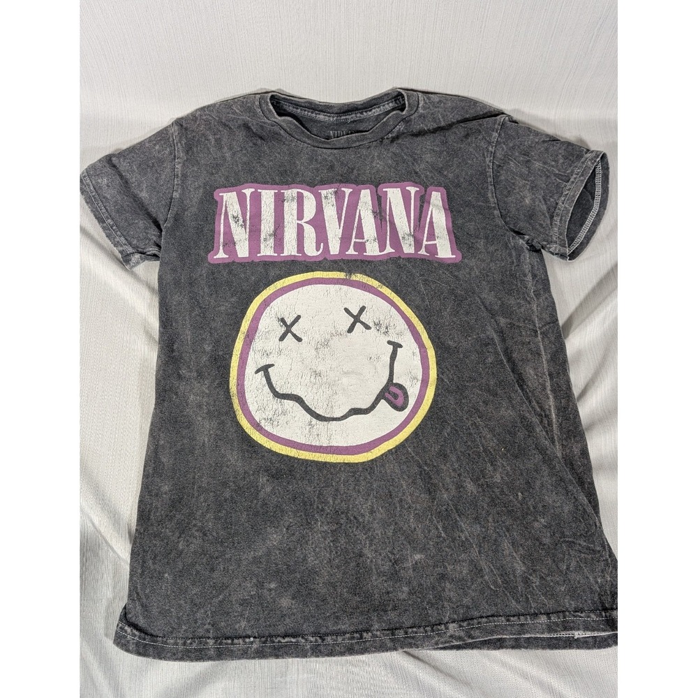 Nirvana Adult Size S Black Wash Purple Happy Face Graphic Print Tee T-Shirt